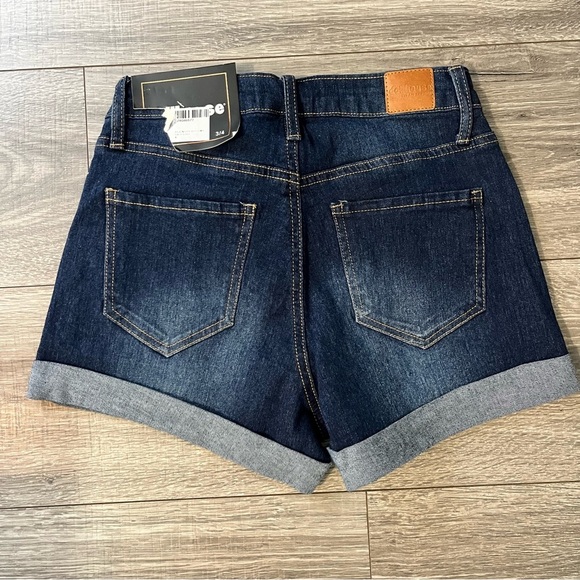 jean shorts high rise button fly 5 pocket rolled hem dark wash dollhouse tag - Picture 2 of 10